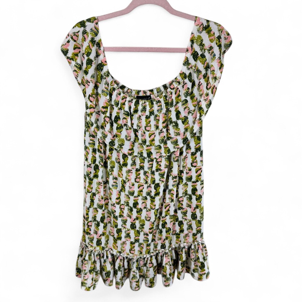 Spiaggia Dolce Women Pineapple Print Ruffle Dress Olive Blush Rayon Off Shoulder